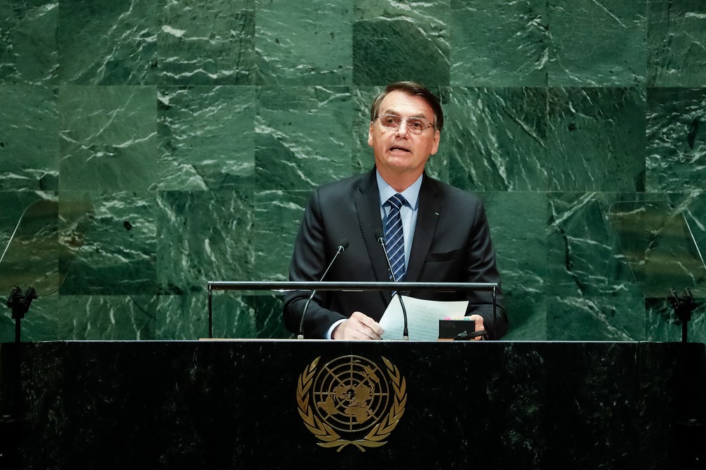 O presidente Jair Bolsonaro durante discurso na Assembleia Geral da ONU, nesta terça-feira (24). — Foto: Alan Santos/Presidência da República