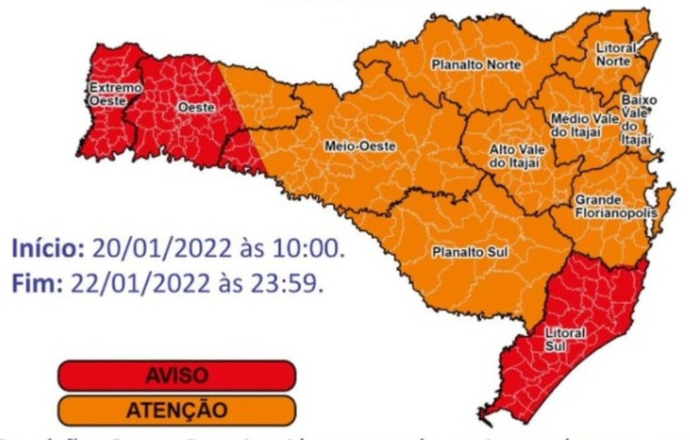 Aviso foi emitido pelo órgão na manhã desta quinta-feira (20) — Foto: Defesa Civil/Divulgação