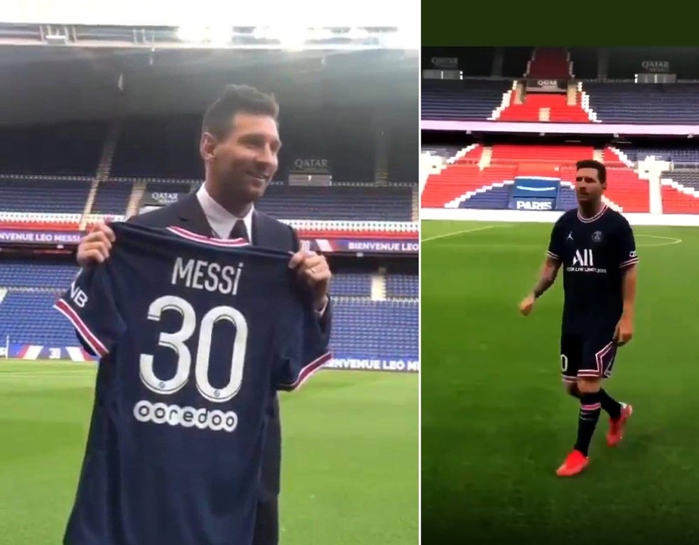 Montagem com reproduções de vídeo de Messi exibindo a camisa 30 do PSG e vestido de uniforme do time no Parc des Princes — Foto: Reprodução