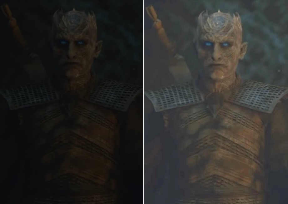 Comparação de cena escura de Game of Thrones com uma clareada digitalmente (Foto: Reprodução)