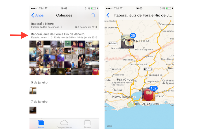 Visualizando as fotos do iOS de acordo com o local onde elas foram feitas (Foto: Reprodução/Marvin Costa)