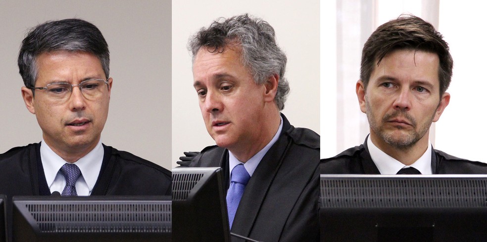 Da esquerda para a direita: Desembargadores Victor Laus, João Pedro Gebran e Leandro Paulsen, da 8ª Turma do TRF4 (Foto: Tribunal Regional Federal da 4ª Região)