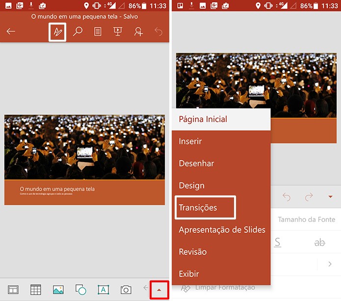 Selecione guia Transições para aplicar animações no PowerPoint para Android (Foto: Reprodução/Elson de Souza)