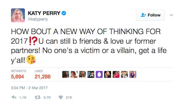 A mensagem publicada por Katy Perry sobre o fim do namoro com Orlando Bloom (Foto: Twitter)