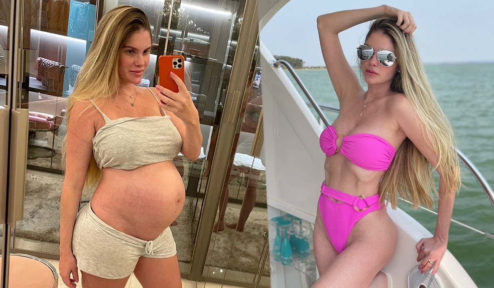 Brbara Evans perdeu 27 kg que engravidou na gestao. Foto com Ayla na barriga e atualmente com 49kg   Foto: Arquivo pessoal