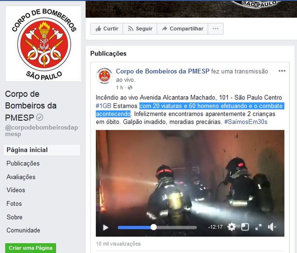 PÃ¡gina do Corpo de Bombeiros no Facebook informa que no galpÃ£o havia moradias precÃ¡rias (Foto: ReproduÃ§Ã£o/Facebook)