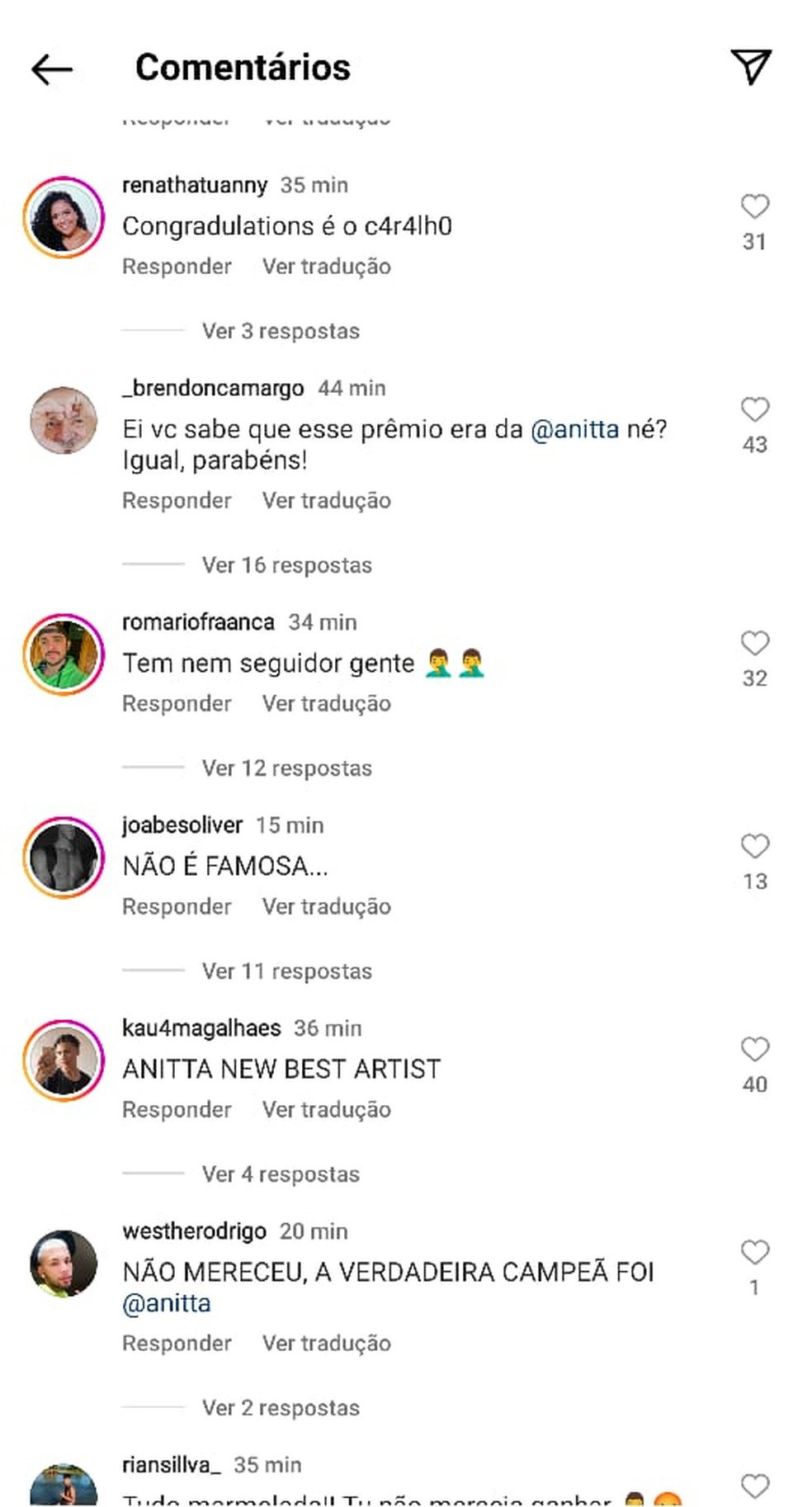 Fãs de Anitta invadem perfil de Samara Joy para fazer comentários negativos — Foto: Reprodução