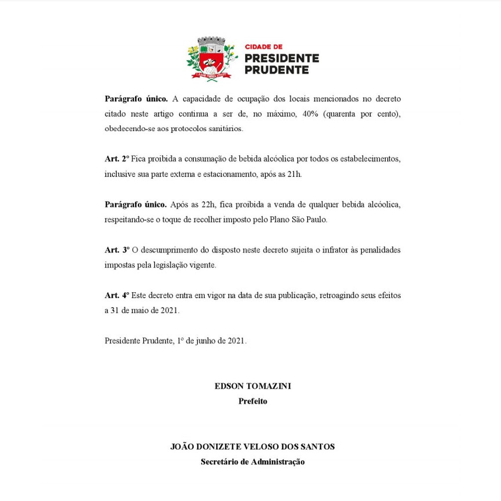 Prefeitura proíbe o consumo de bebidas alcoólicas após as 21h em estabelecimentos de Presidente Prudente — Foto: Reprodução