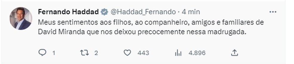 Ministro Fernando Haddad publicou condolências  — Foto: Reprodução/Twitter