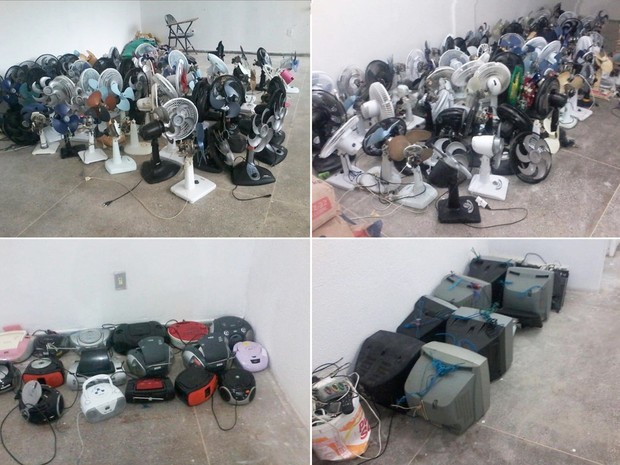  Dezenas de ventiladores, rádios e TVs foram recolhidos nesta segunda (25) do pavilhão 2 da Penitenciária Estadual de Parnamirim (Foto: Sejuc/Divulgação)