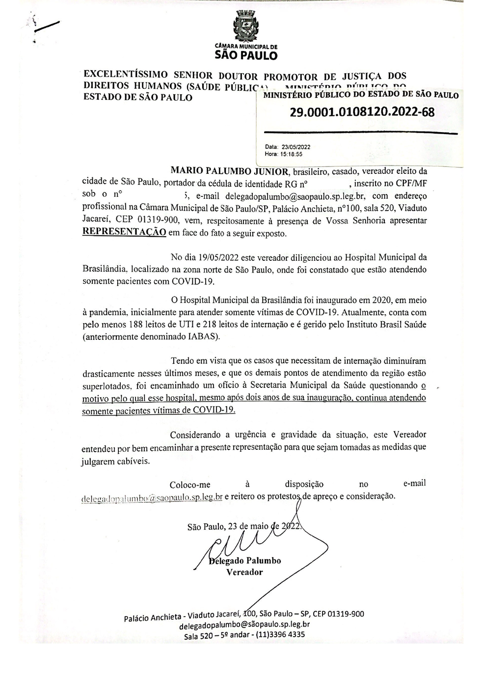 Pedido de investigação do MP para o Hospital da Brasilândia, na Zona Norte de São Paulo. — Foto: Reprodução