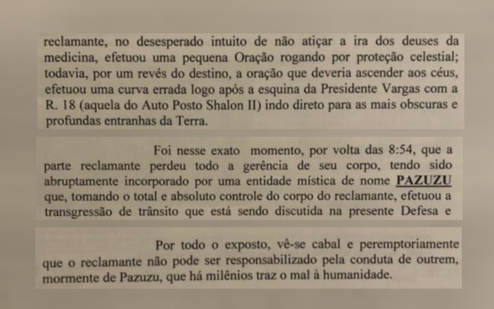 Motorista alega que cometeu infração de trânsito por estar possuído por entidade mística — Foto: Reprodução/TV Anhanguera