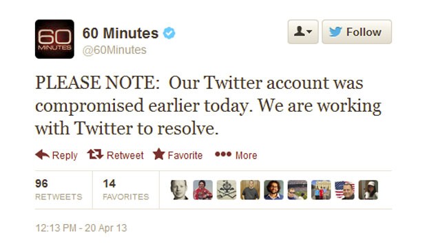 Contas do Twitter dos programas '60 Minutes' e '48 Hours' foram invadidas por hackers (Foto: Reprodução/Twitter/60 Minutes)
