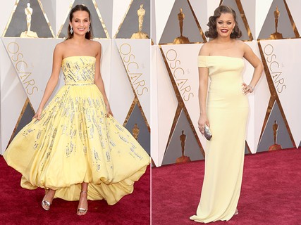 O amarelo mais suave apareceu nos looks de Alicia Vikander, que vestiu um modelo Louis Vuitton feito sob medida, e Andra Day