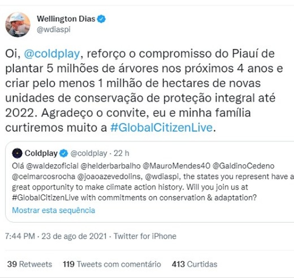 Em resposta ao Coldplay, governador do Piauí promete plantar 5 milhões de árvores até 2024 — Foto: Reprodução/ Twitter