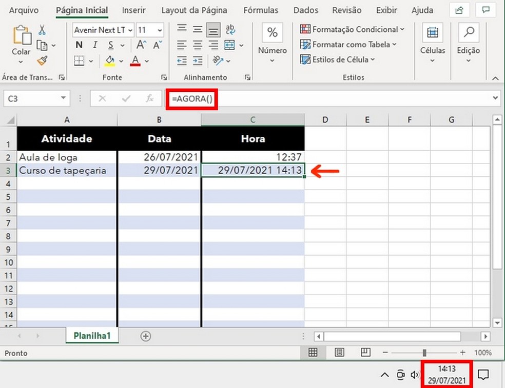 Excel planilhas: horário atualizado pela função "AGORA" — Foto: Reprodução/Raquel Freire