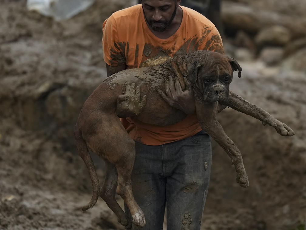 Homem resgata um cachorro de escombros após o deslizamento no Morro da Oficina, em Petrópolis (RJ) — Foto: Silvia Izquierdo/AP