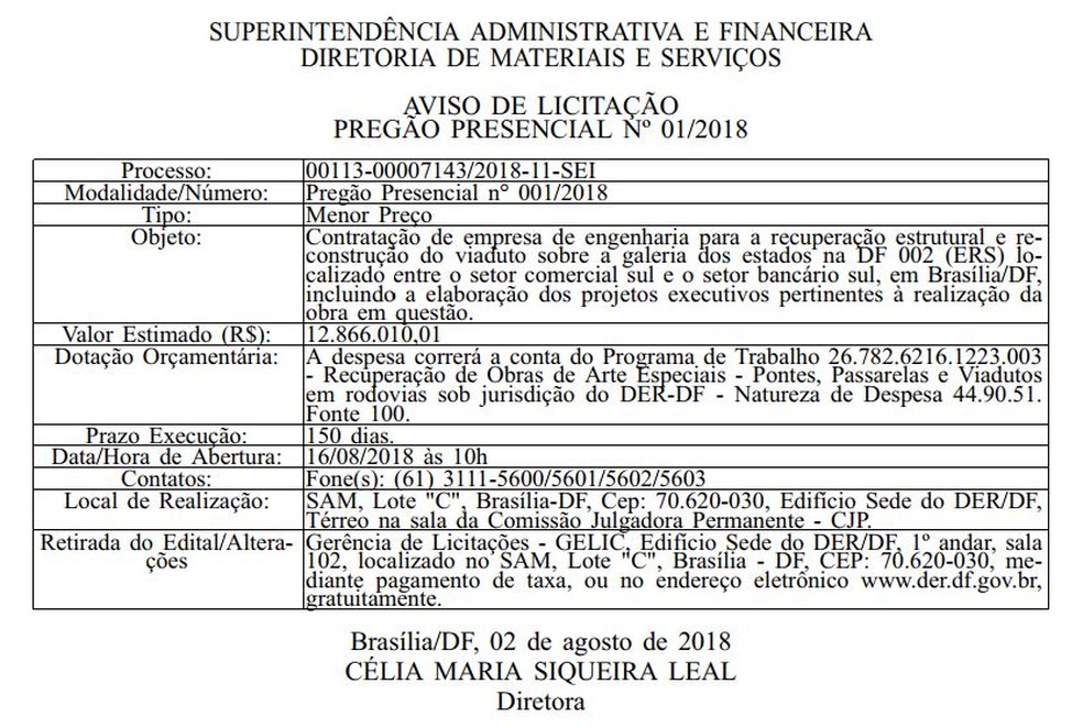 Trecho do aviso de licitação para reforma do Eixão (Foto: Reprodução)