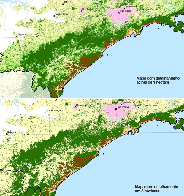 Ampliação mostra as diferenças do desmatamento (Foto: Divulgação/SOS Mata Atlântica)