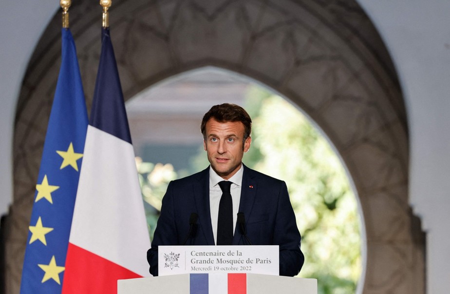Presidente da França, Emmanuel Macron, durante discurso na abertura da Grande Mesquita de Paris