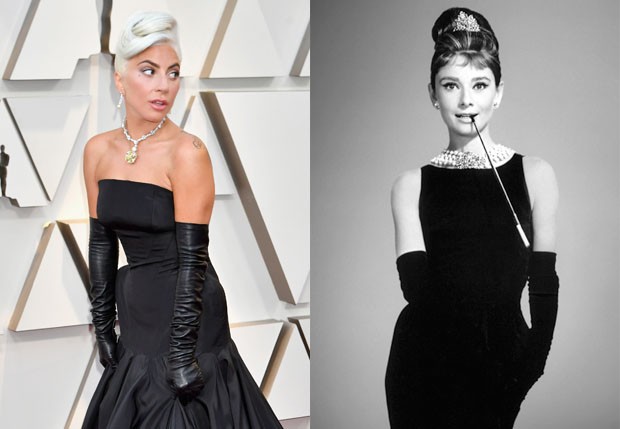 Lady Gaga no Oscar 2019 e Audrey Hepburn em Bonequinha de Luxo (Foto: Getty Images e Divulgação)