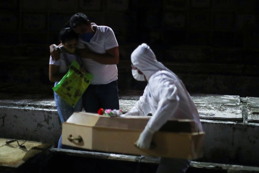 Familiares acompanham enterro de vítima do coronavírus no Rio de Janeiro — Foto: REUTERS/Pilar Olivares