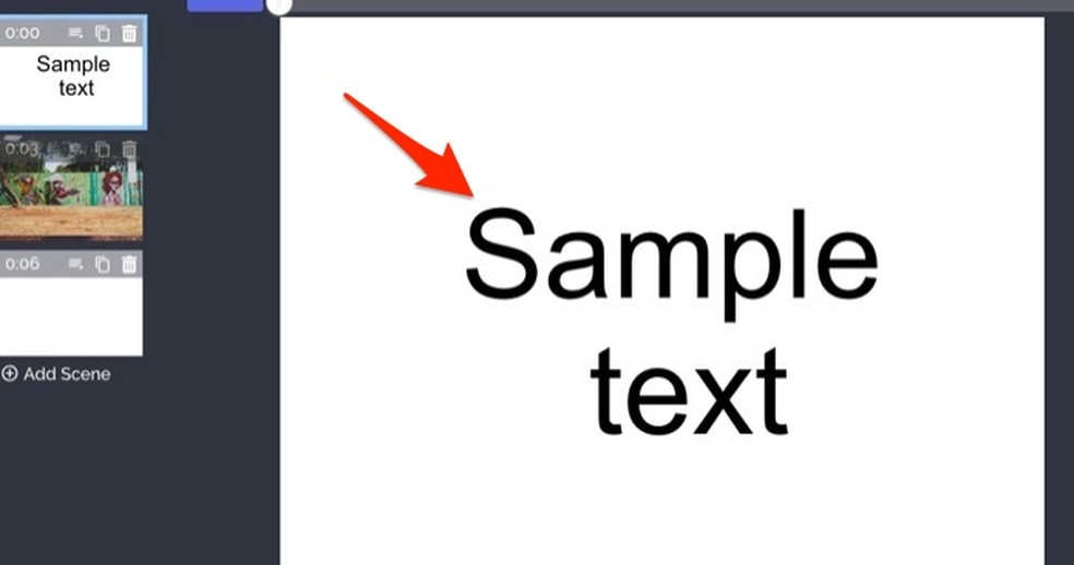 Ação para selecionar e abrir as opções para edição de texto em um slideshow criado com o serviço online Kapwing — Foto: Reprodução/Marvin Costa