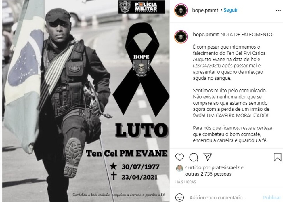 Bope lamentou a morte de tenente — Foto: Instagram/Reprodução