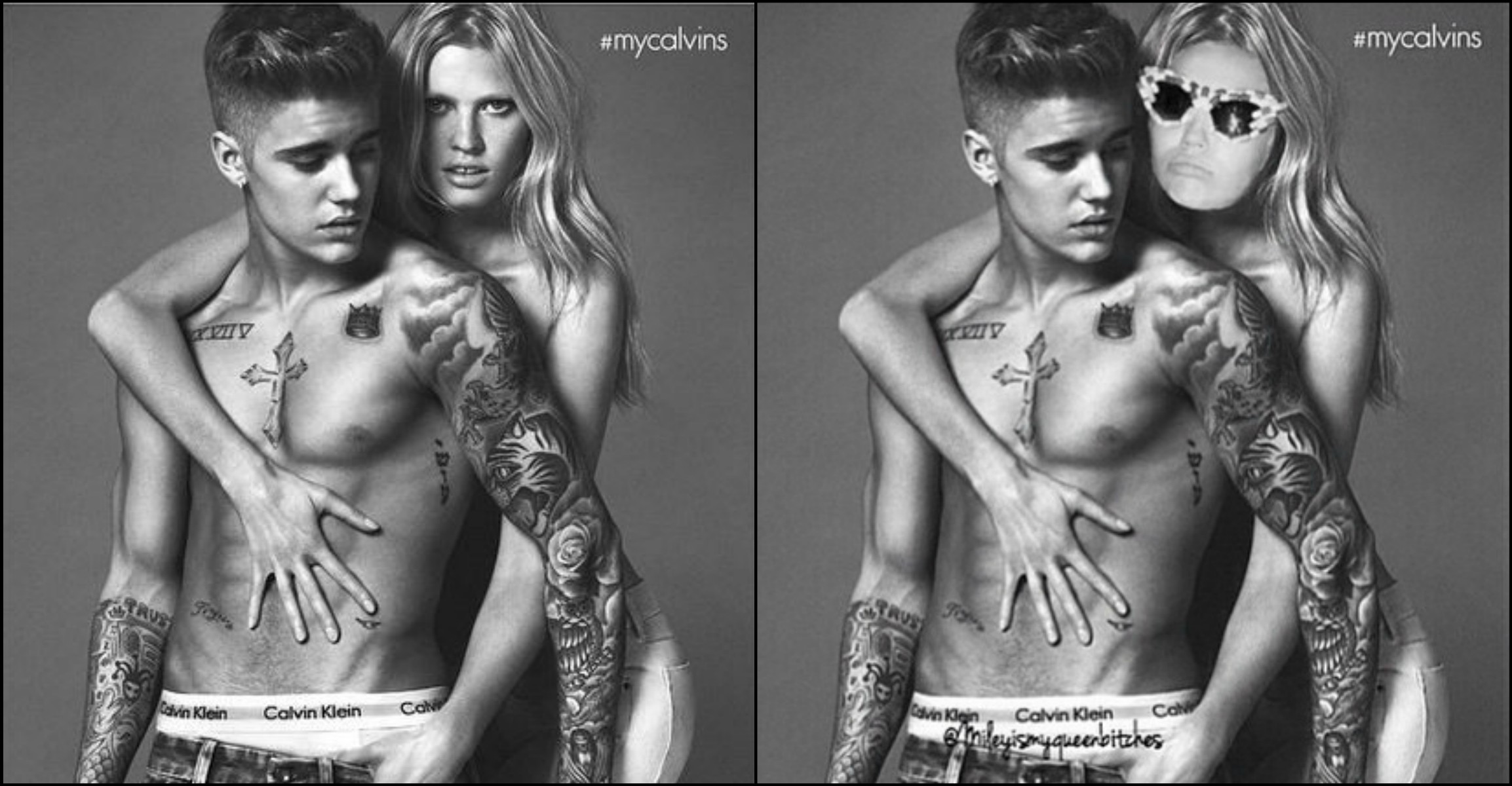 Até a colega de profissão de Justin Bieber Miley Cyrus fez uma montagem com uma das fotos do cantor para a campanha. (Foto: Divulgação e Instagram)