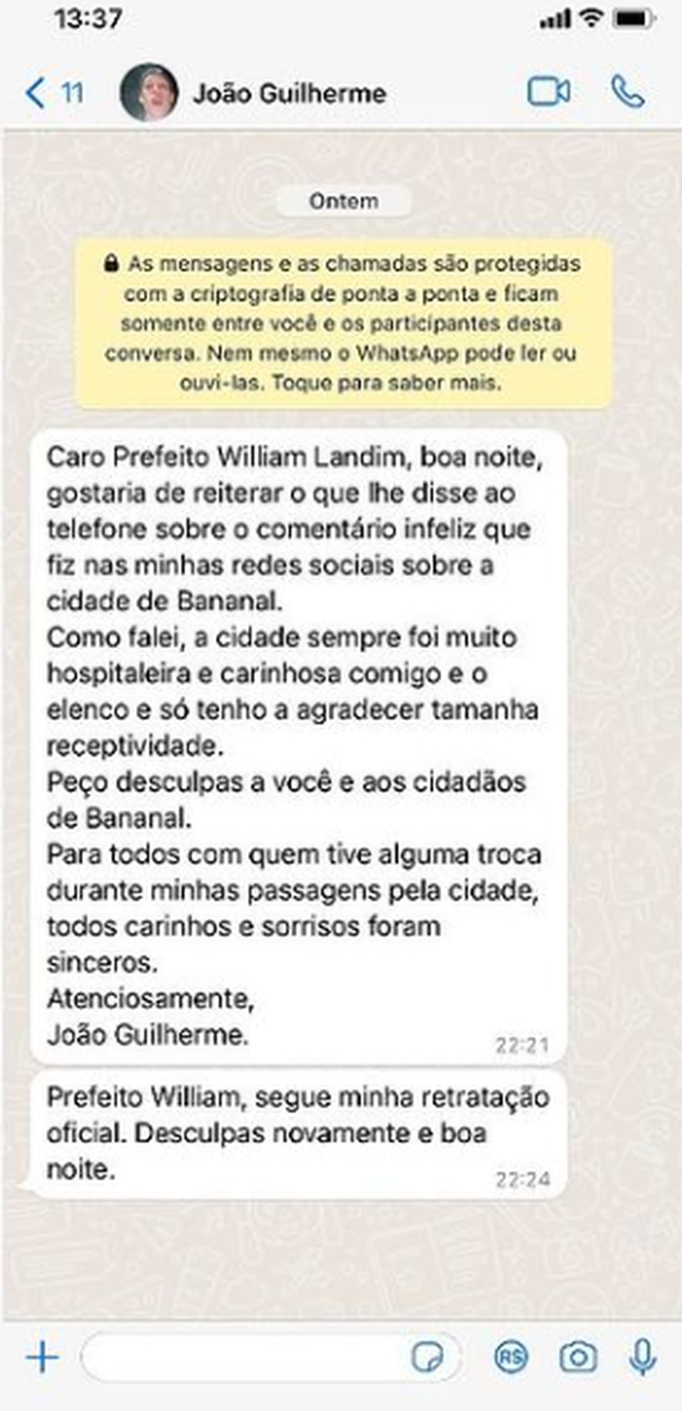 João Guilherme se desculpa com Bananal (SP) após xingar cidade onde gravava série da Netflix — Foto: Reprodução/Instagram