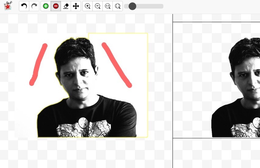 Ação para selecionar o fundo de uma imagem usando a ferramenta online PhotoScissors — Foto: Reprodução/Marvin Costa