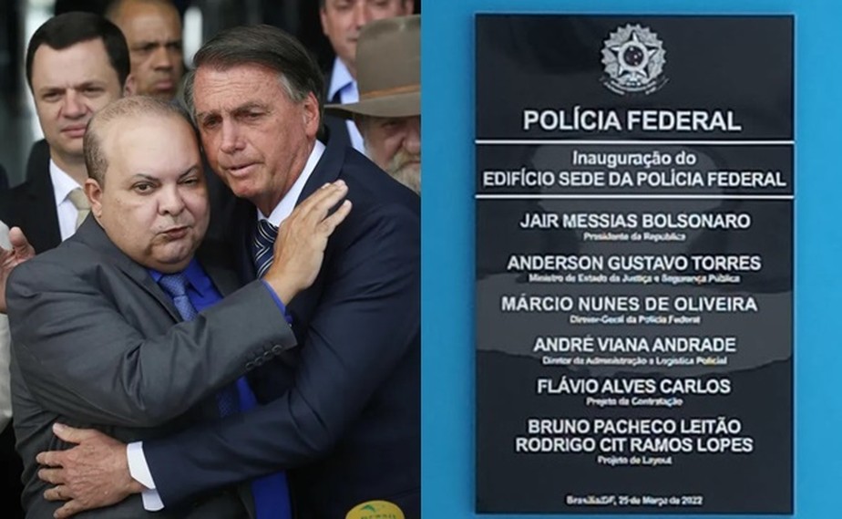 Anderson Torres, Ibaneis e Bolsonaro em 2022; placa no edifício-sede da PF