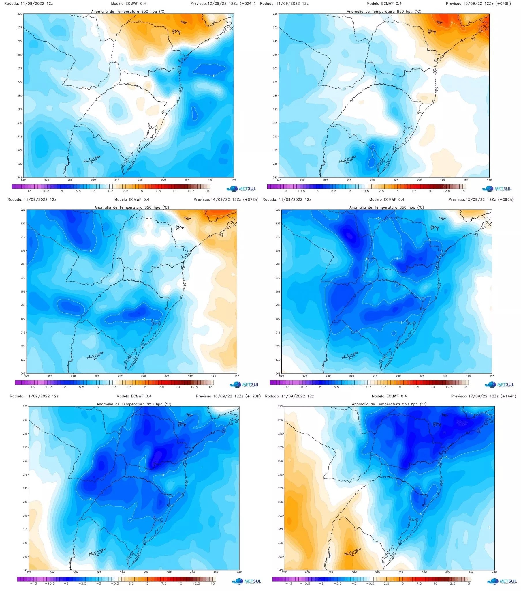 Mapas mostram a varição de temperatura no Sul do Brasil ao longo da semana (Foto: MetSul)