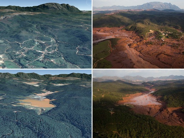 Combinação de fotos mostra dois locais da barragem em Bento Rodrigues, no interior de Minas Gerais. Do lado esquerdo é possível ver como era antes do rompimento da barragem, e do lado direito como ficou depois da enchente (Foto: Felipe Dana/AP; Reprodução/Google Earth)
