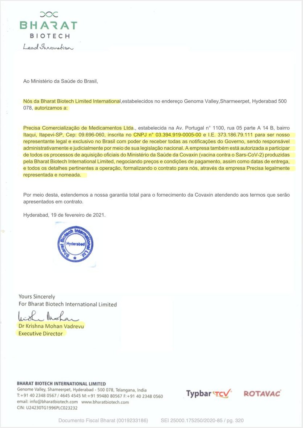 Segundo documento apresentado pela Precisa que a Bharat Biotech diz não reconhecer — Foto: Reprodução