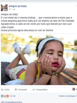 Pais publicaram uma mensagem sobre a morte da menina  (Foto: Reprodução/ Facebook)