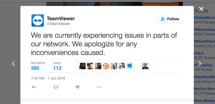 TeamViewer pede desculpas no Twitter por ficar fora do ar após problemas na rede (Foto: Reprodução/Twitter)