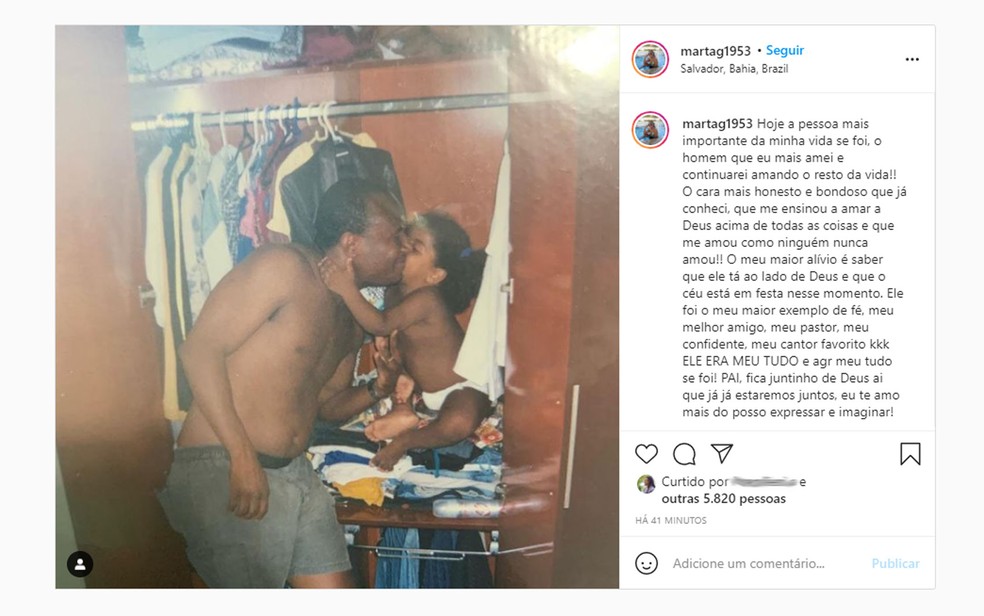 Filha do vereador Irmão Lázaro fez uma postagem de despedida — Foto: Reprodução/Instagram