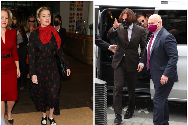 Amber Heard e Johnny Depp acompanhado de seguranças e advogados na chegada de ambos à corte de Londres na qual é julgado um processo do ator (Foto: Getty Images)
