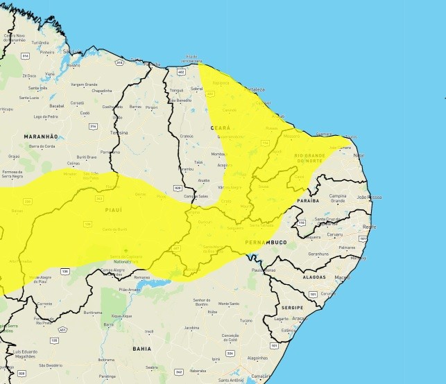 Inmet alerta para chuvas intensas em 101 cidades do RN; veja lista