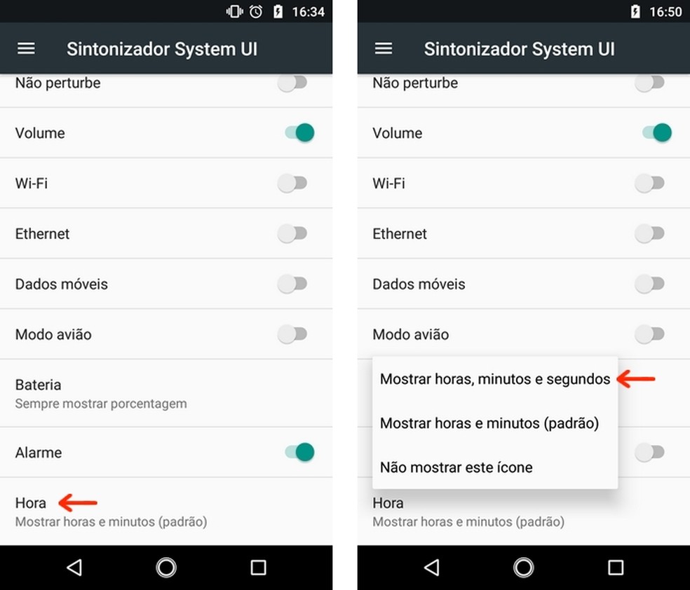 Modificação do comportamento do ícone de horas na barra de status do Android (Foto: Reprodução/Raquel Freire)