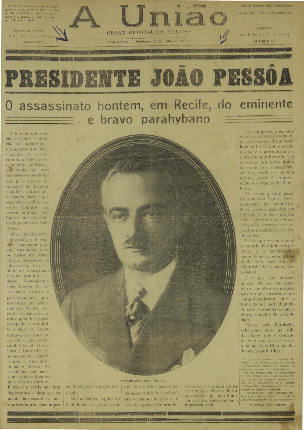 Capa do Jornal a União em 27 de julho de 1930, trazendo a morte João Pessoa — Foto: Reprodução/Jornal A União