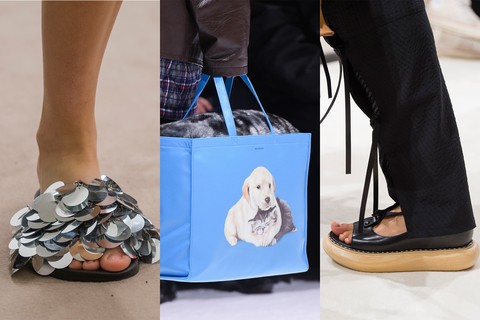 Slides-luxo de Paco Rabanne, totes com estampas de pets da Balenciaga e sandálias de solado pesado e madeira da Loewe