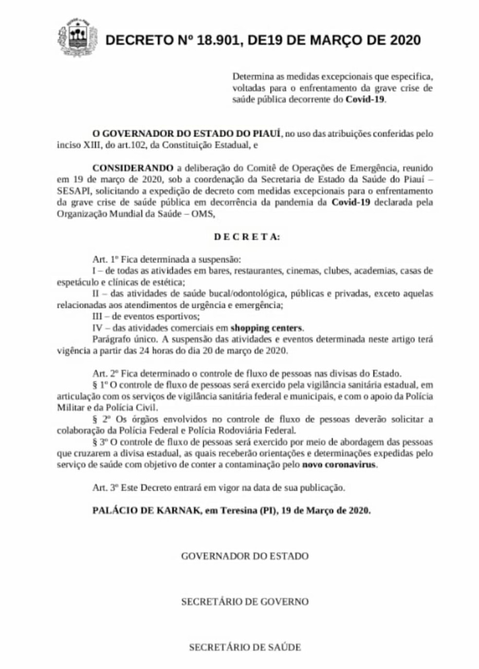 Decreto Governo do Piauí — Foto: Reprodução/Governo do Piauí