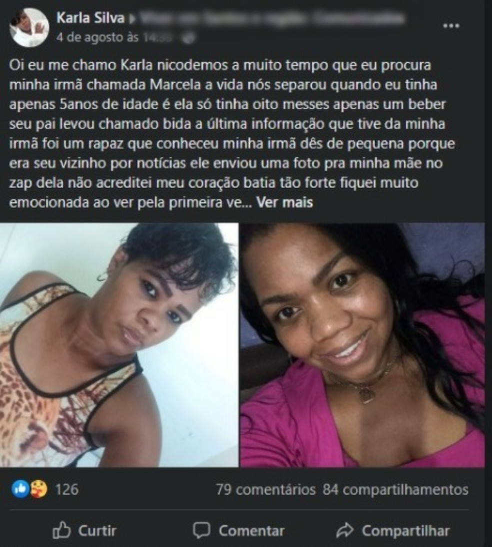 Mulher encontra irmã mais nova levada pelo pai após separação e descobre que as duas vivem na mesma região de Santos, SP. — Foto: Reprodução/Facebook