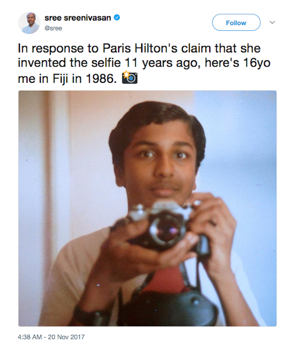 Um usuário do Twitter fazendo piada com a declração de Paris Hilton de que teria inventado a selfie (Foto: Twitter)