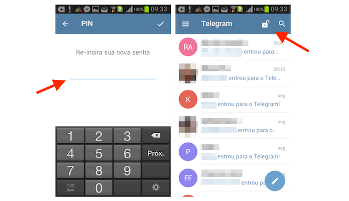 Confirmando a senha de quatro dígitos e ativando o bloqueio no Telegram para Android (Foto: Reprodução/Marvin Costa)