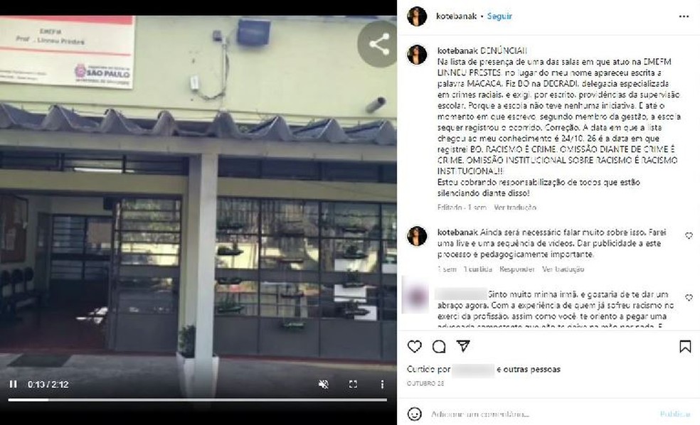 Ana Koteban chegou a gravar alguns vídeos na sua rede social e escrever mensagens para denunciar o ataque racista que sofreu na escola — Foto: Reprodução/Instagram