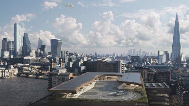 BBC: Ilustração de uma plataforma de pouso em Londres (Foto: LILIUM VIA BBC)