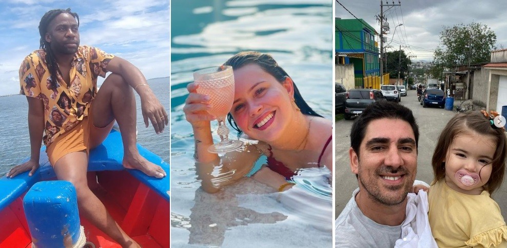 Lázaro Ramos na Bahia, Mariana Bridi em piscina de sua casa e Marcelo Adnet em Belford Roxo — Foto: Reprodução/Instagram